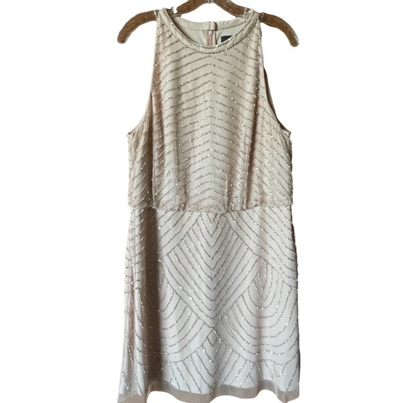 Adrianna Papell Art Deco Beaded Cocktail Dress Halter Neck in Blush Sz 16 - Picture 3 of 8